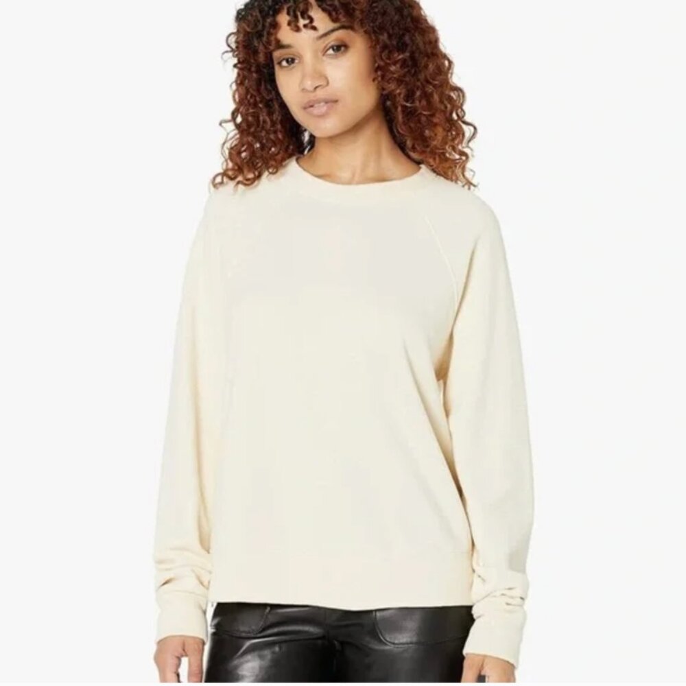 Monrow Reverse Mix Teddy Fleece Crew Neck Raglan Sleeve Sweatshirt Side Zips M